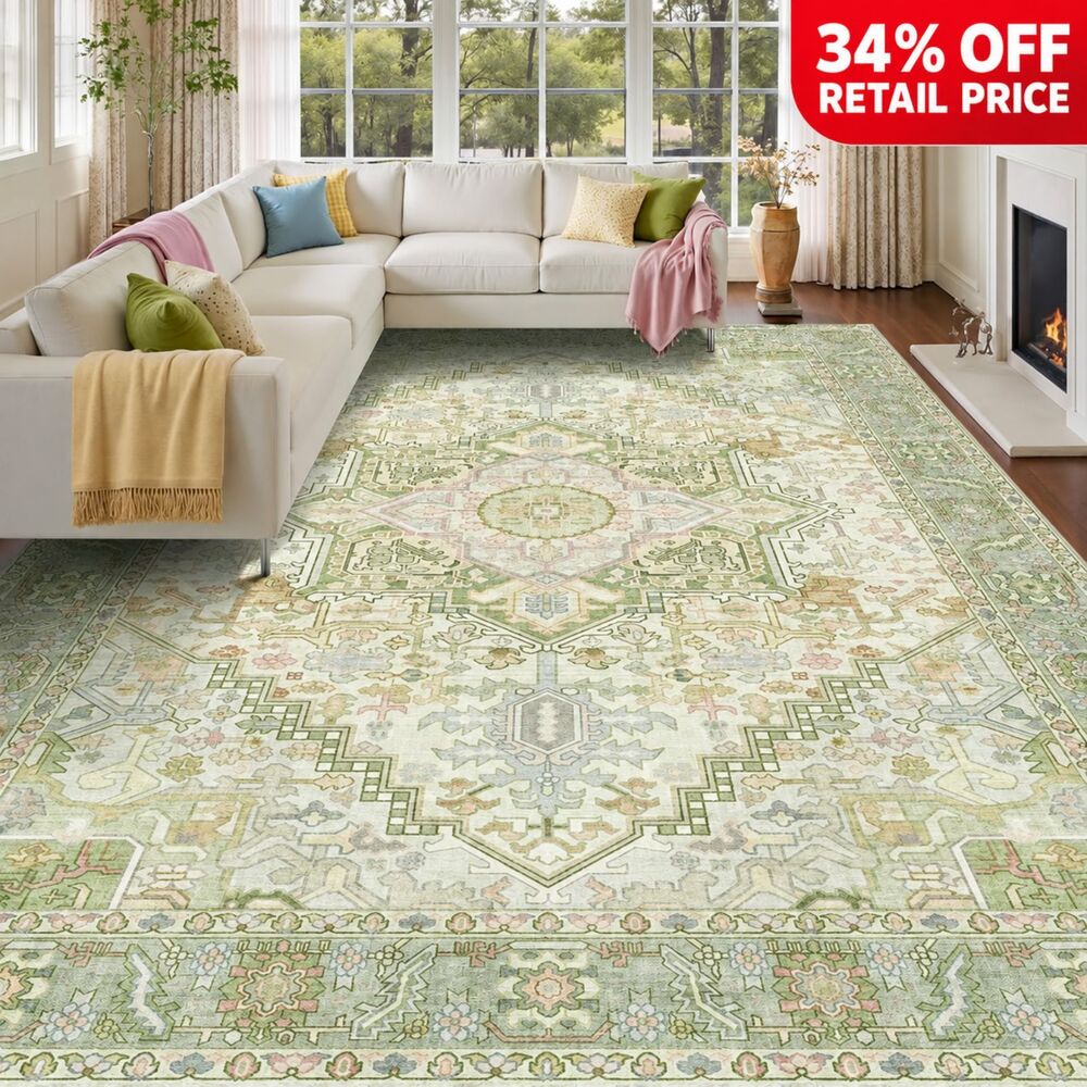 Brand New Kokia Sage Green Washable Area Rug – 8' × 10'